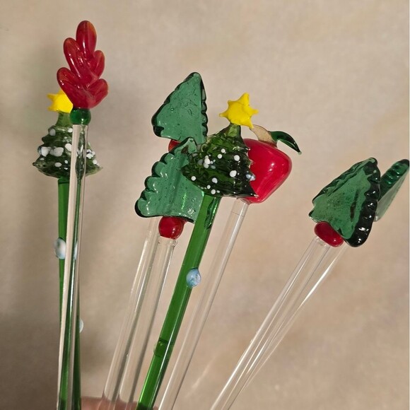 Vintage Stirrers Christmas Hand Made Glass Cocktail Drink Swizzle Set of 8 - Picture 6 of 8